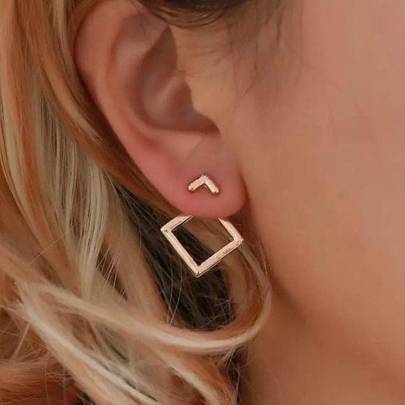 NEW Gold Tone Geometric Stud Earrings Gold Square Jacket Earrings - Picture 4 of 4
